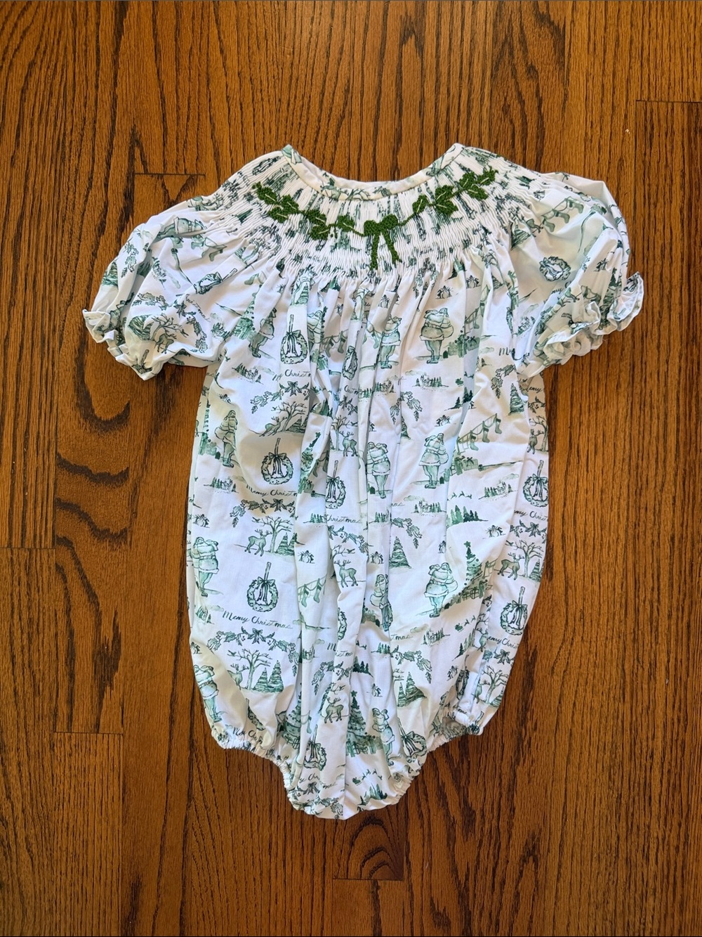 Smocked White & Green Holiday Print Bubble